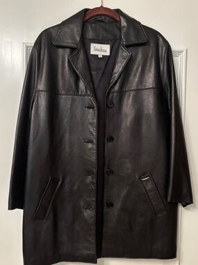Neiman Marcus Black Leather Button-Front Coat